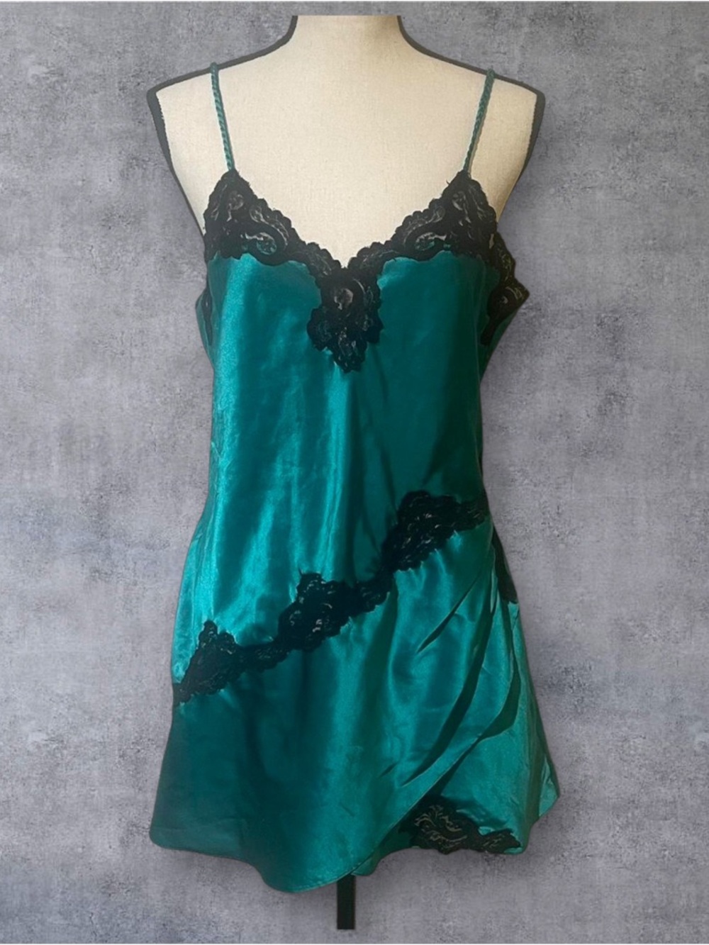 Vintage Victoria's Secret Emerald Green Satin Chemise with Black Lace